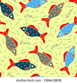 Bright summer seamless pattern on the theme of  beach season. Fish in flat style. Sea time. Vector.