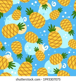 Bright summer seamless pattern with pineapples and circles on light blue background. Cute and funny print in cartoon style with hand drawn tropical exotic fruits for kids and kitchen textiles. Vector
