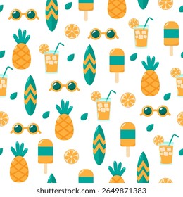Bright summer seamless pattern with pineapples, sunglasses, skates, ice cream and cocktails. Perfect for textiles, web or print media.