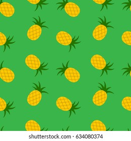 Bright summer seamless pattern with pineapples on a green background. Vector illustration.