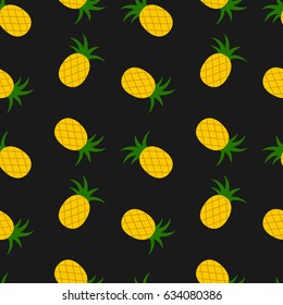 Bright summer seamless pattern with pineapples on a black background. Vector illustration.