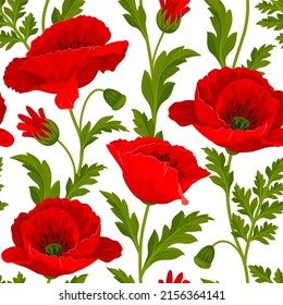 Bright summer seamless pattern with red poppy flowers, leaves and poppy seed pods. Surface design for any decoration, textile printing, printed issues, greeting cards. Vector illustration.