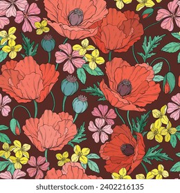 Bright summer seamless pattern with red poppy flowers. Vector illustration.