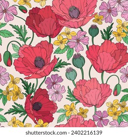 Bright summer seamless pattern with red poppy flowers, leaves, poppy seed pods and small wild flowers. Vector illustration.