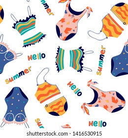 Bright summer seamless pattern. A set of colored swimsuits with hand drawn lettering Hello Summer. Flat design with  papercut effect. Vector elements for summer banners, posters, cards, textiles.