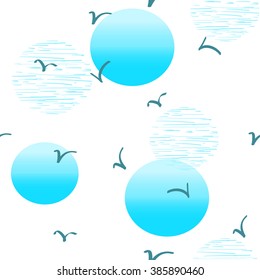 Bright summer seamless pattern with a silhouettes of flying seagulls. Illustration, linear graphic. Textile or digital paper. 