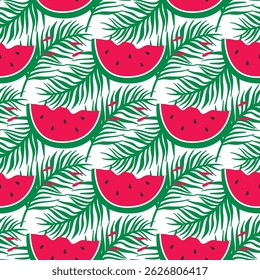 Bright summer seamless pattern with slices of juicy watermelon. Background with palm branches and fruits. Beach vacation, paradise tropical print, vector graphic