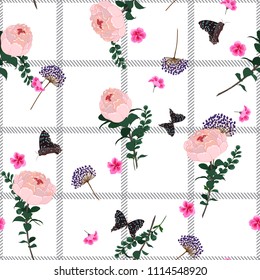 Bright summer seamless pattern spring branch delicate and beautiful  blooming flowers vector on hand drawn grid  check for fashion fabric ,wallpaper ,book ETC on white background color