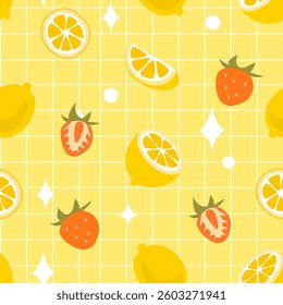 A bright summer seamless pattern with strawberries and lemon slices on a yellow background. Suitable for wrapping, textiles, printing, wallpaper