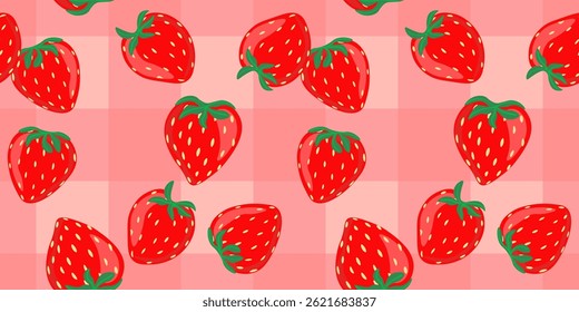 Verão brilhante sem costura padrão com morangos em um fundo quadriculado rosa