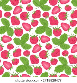 Verão brilhante sem costura padrão com morangos vermelhos doces e folhas. Ideal para têxteis domésticos, papel de parede e embalagem ecológica. Vetor plano simples para decoração de cozinha acolhedora