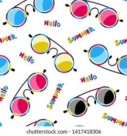 Bright summer seamless pattern with trendy sunglasses. Vector flat design elements with paper cut effect. Hand drawn lettering Hello Summer. For summer banners, posters, textiles.