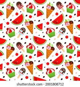 Bright, summer, seamless pattern of watermelon, ice cream and cupcake. So delicious and sweet, it is perfect for decorating the decor for Watermelon Day. Vector, isolated.