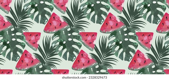 Helles Sommernahtloses Muster mit Wassermelonen-Scheiben, Monstera-Blättern und Farnen. Tropischer Druck für die Dekoration, Tapeten, Textilien, Packpapier, Hintergründe