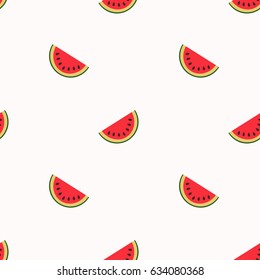 Bright summer seamless pattern with watermelon slices on a white background. Vector illustration.