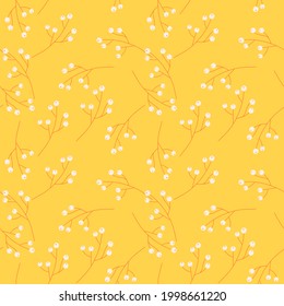 Bright summer seamless pattern with white little random berry print. Yellow background. Seasonal artwork. Perfect for fabric design, textile print, wrapping, cover. Vector illustration.