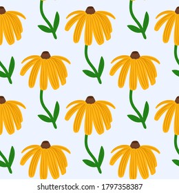 Bright summer seamless pattern with yellow sunflower silhouette. Isolated floral print with white ackground. Decorative backdrop for wallpaper, textile, wrapping paper, fabric. Vector illustration.