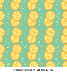 Bright summer seamless pattern with yellow lemons. Vector slices of citrus fruit in flat style on green background.