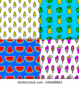 Bright summer seamless patterns, neon colors. Tasty fresh desserts, vector design elements. Ice cream, cocktails and tropical fruits tileable backgrounds, suitable for wrapping paper or textile print