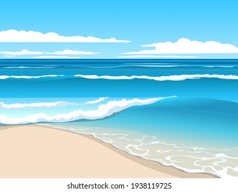 Bright summer seascape. Blue waves rolling on the sand beach.