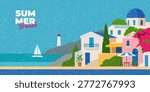 Bright Summer Seaside Town Landscape. Colorful Mediterranean Coastal Village with Houses, Trees and Sea View. Vector Banner for Travel, Vacation and Holiday Design