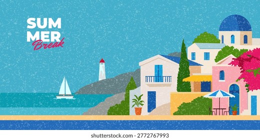 Bright Summer Seaside Town Landscape. Colorful Mediterranean Coastal Village with Houses, Trees and Sea View. Vector Banner for Travel, Vacation and Holiday Design