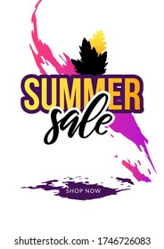 Bright summer season ad poster with text. Color paint splashes and black silhouettes on white. Vector background template.