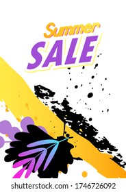 Bright summer season ad poster with text. Color paint splashes and black silhouettes on white. Vector background template.