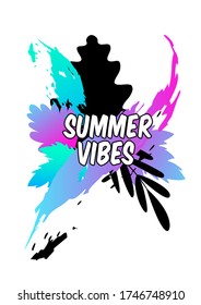 Bright summer season ad poster with text. Color paint splashes and black silhouettes on white. Vector background template.