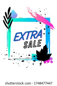 Bright summer season ad poster with text. Color paint splashes and black silhouettes on white. Vector background template.