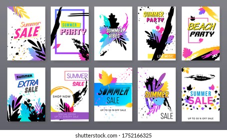 Bright summer season ad poster with text. Color paint splashes and black silhouettes on white. Vector background template.