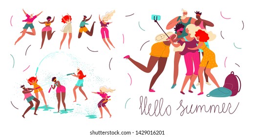 Bright summer set about outdoor recreation for young people. Funny friends splashing each other with water from blasters in the heat, having fun, jumping and share selfies. Vector flat elements.