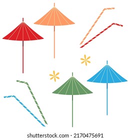 Bright summer set with an abstract image of colorful cocktail accessories on a white background.