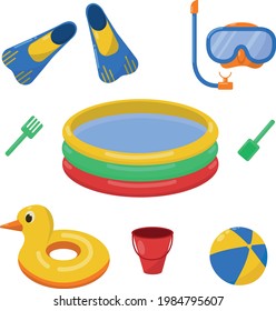 A bright summer set consisting of images of beach accessories such as a mask with a diving tube, fins,a sand bucket, as well as an inflatable children s pool, a beach ball, an inflatable duck. Vector