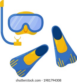 Máscara de aletas de verano brillante y tubo de respiración para buceo y pesca de punta. El kit de buceo submarino para nadar. Ilustración del vector de buceo aislado en fondo blanco.