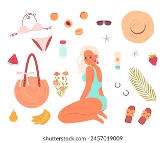 Conjunto de verano brillante con la muchacha en traje de baño y accesorios de playa. Diferentes cosas para la bolsa de vacaciones de agua de paja zapatos de fruta sombrero de baño.