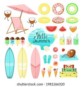 Bright summer set. Surfboards, ice cream, fruit and berry lemonades, inflatable circles, suitcases, chaise longue, lettering. Hello summer.