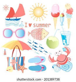 bright summer set with various objects on white background  