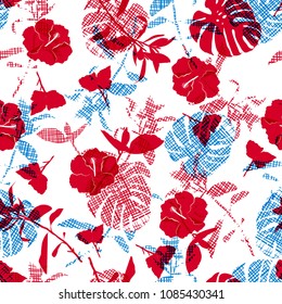 Bright  summer Silhouette red flowers and botanical on hand line sketch in shape of leaves seamless pattern vector for fashion fabric and all prints on white background.