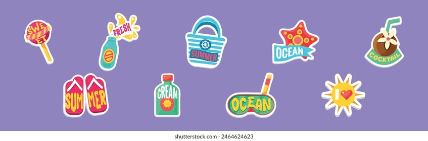 Bright Summer Sticker with Cocktail, Candy, Bag, Flip Flops and Goggles Vector Set