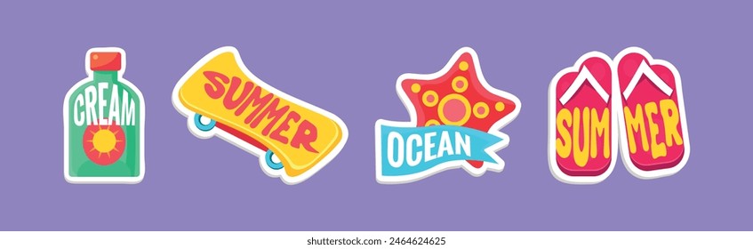 Bright Summer Sticker with Sunscreen, Skateboard, Starfish and Flip Flop Vector Set