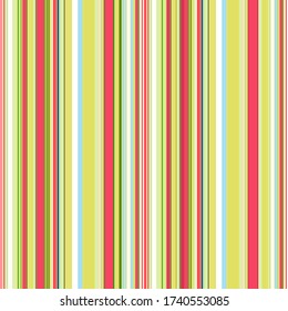 Bright summer striped pattern in warm colors with a predominance of yellow-green and the addition of white, blue and scarlet. Striped vertical seamless print. Ideal for any of your design or project.