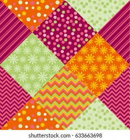 Bright summer style fabric pattern samples. Simple cute polka dot and floral patchwork  motif