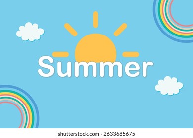 Bright summer sun with rainbows and clouds on blue background in cheerful cartoon flat design