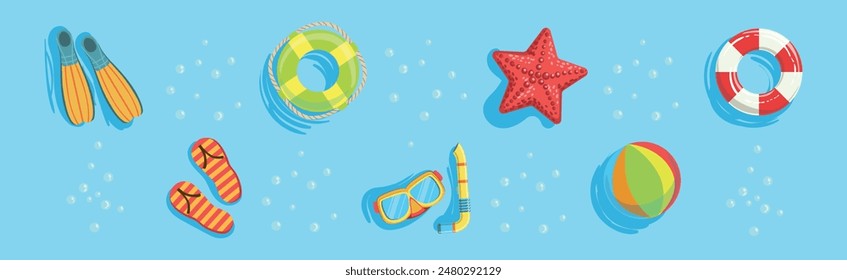 Bright Summer Swimming Object on Blue Water Background Vector Set