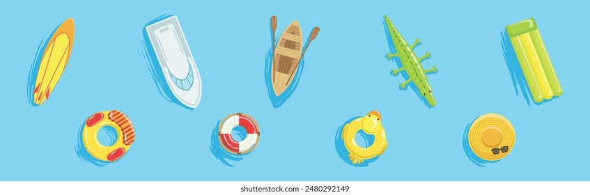 Bright Summer Swimming Object on Blue Water Background Vector Set