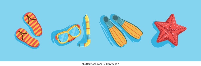 Bright Summer Swimming Object on Blue Water Background Vector Set