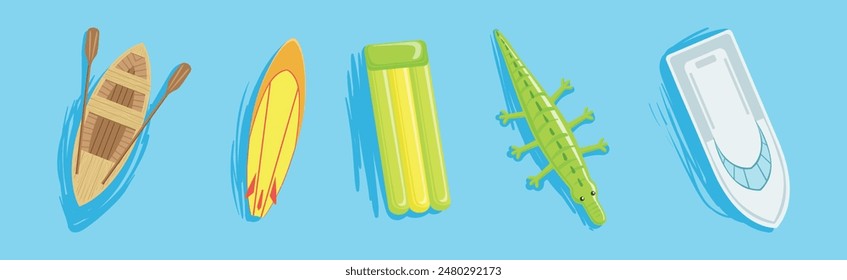 Bright Summer Swimming Object on Blue Water Background Vector Set