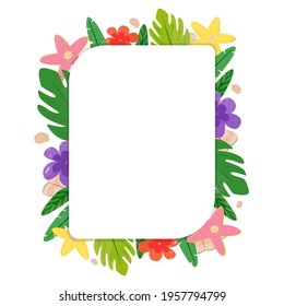 bright summer template. Cute cartoon frame made of tropical leaves, flowers, seashells, starfishes. Universal design for notebooks, photo frames, social networks, price tags. Vector illustration, flat
