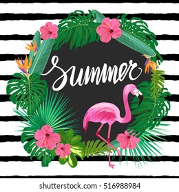 Bright summer template with tropic plants, exotic flowers and pink flamingo.